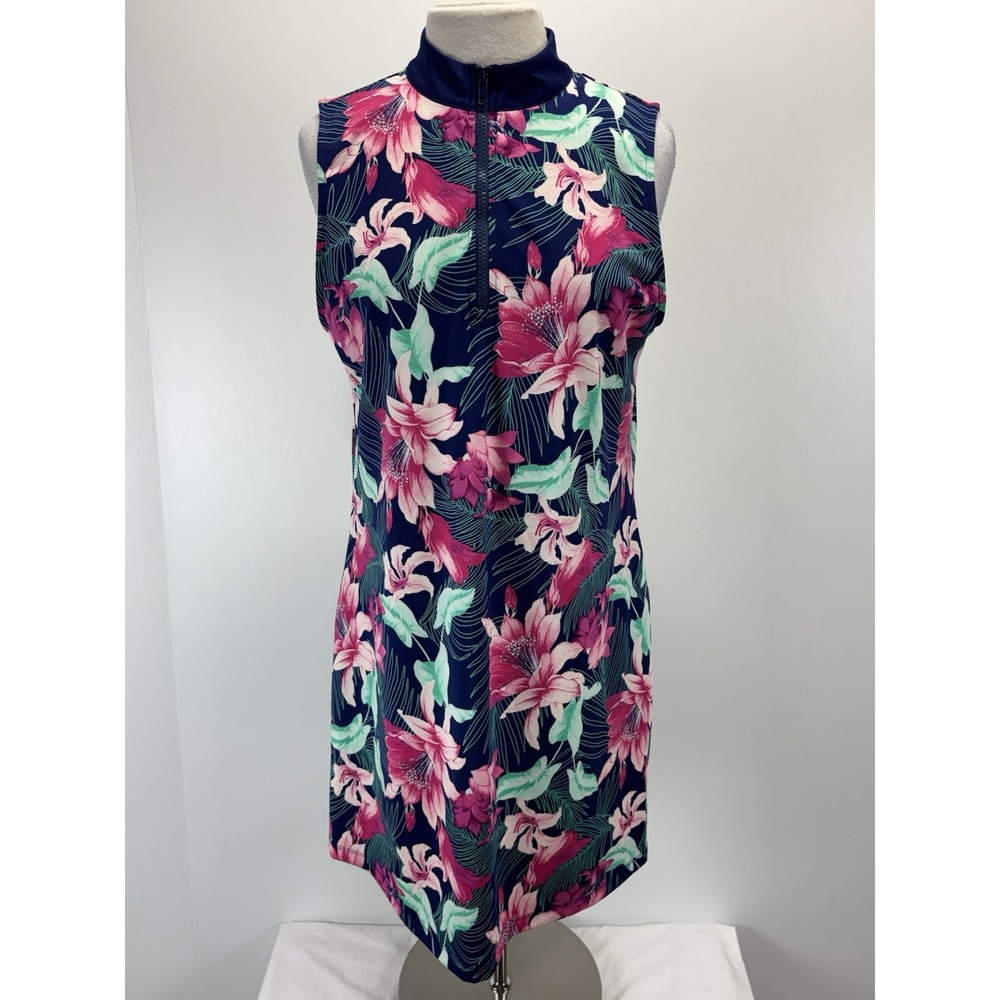 NEW! Tommy Bahama Racquet & Paddle Active Floral Print Dress Size XL Blue UPF